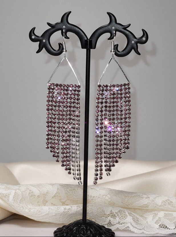 Lavender Rhinestone Fringe Earrings | Long Silver Dangle Earrings | Crystal Statement Jewelry | Handmade Fringe Earrings