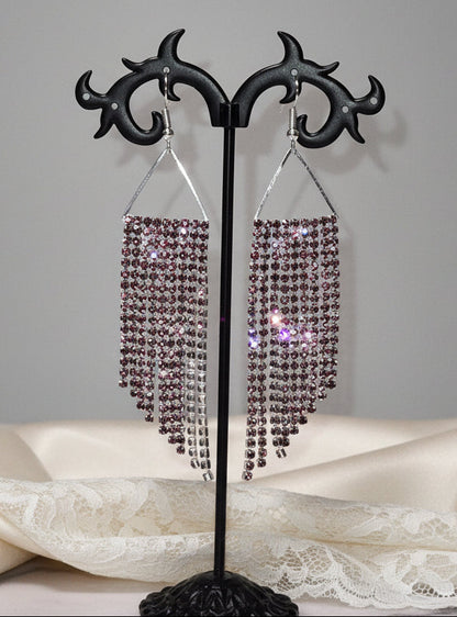 Lavender Rhinestone Fringe Earrings | Long Silver Dangle Earrings | Crystal Statement Jewelry | Handmade Fringe Earrings