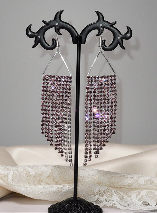 Lavender Rhinestone Fringe Earrings | Long Silver Dangle Earrings | Crystal Statement Jewelry | Handmade Fringe Earrings