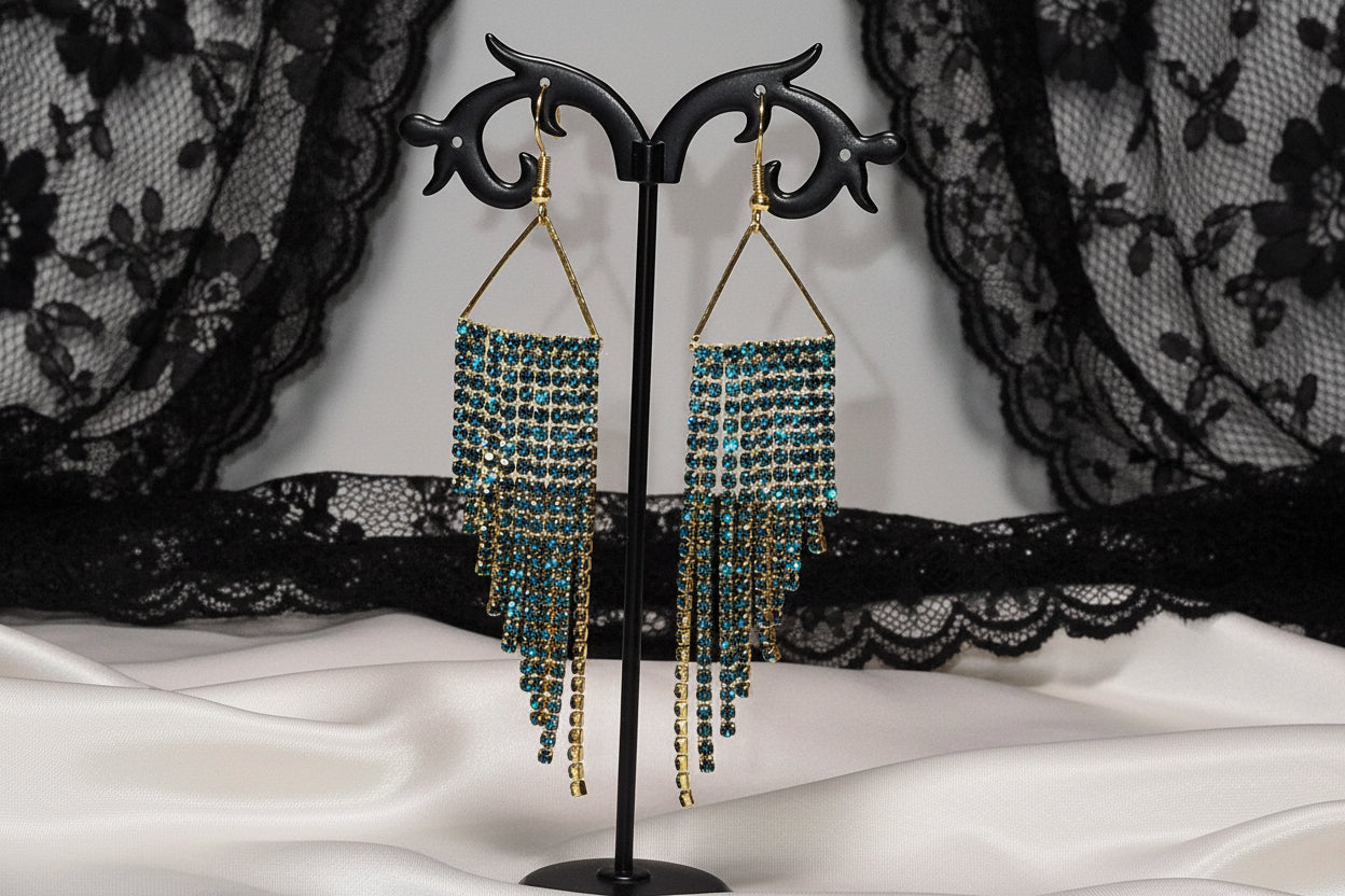 Iridescent Turquoise & Gold Cup Chain Fringe Earrings | Rhinestone Cascade Statement Earrings