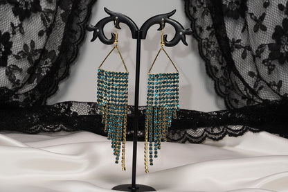 Iridescent Turquoise & Gold Cup Chain Fringe Earrings | Rhinestone Cascade Statement Earrings
