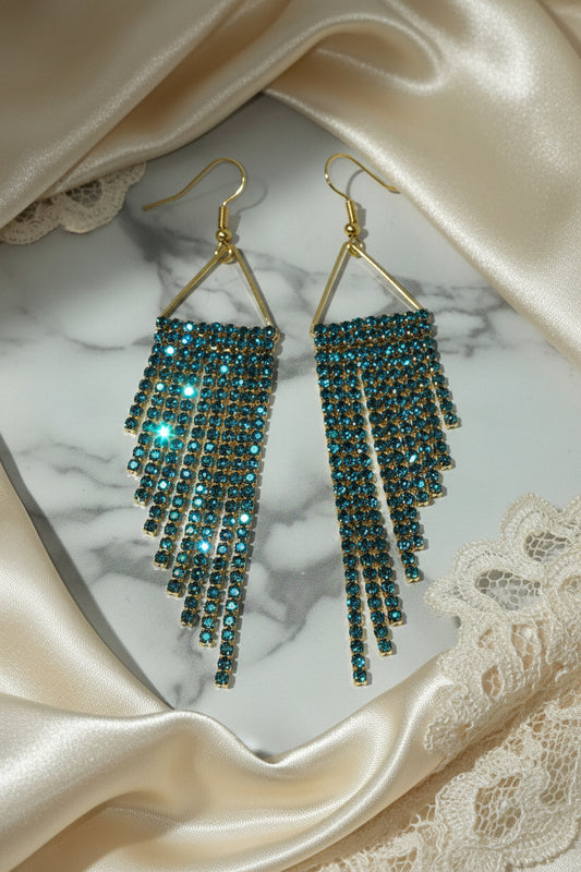 Iridescent Turquoise & Gold Cup Chain Fringe Earrings | Rhinestone Cascade Statement Earrings