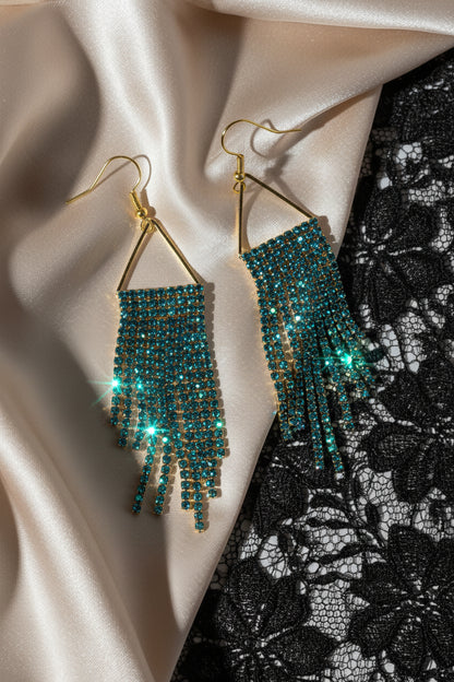 Iridescent Turquoise & Gold Cup Chain Fringe Earrings | Rhinestone Cascade Statement Earrings