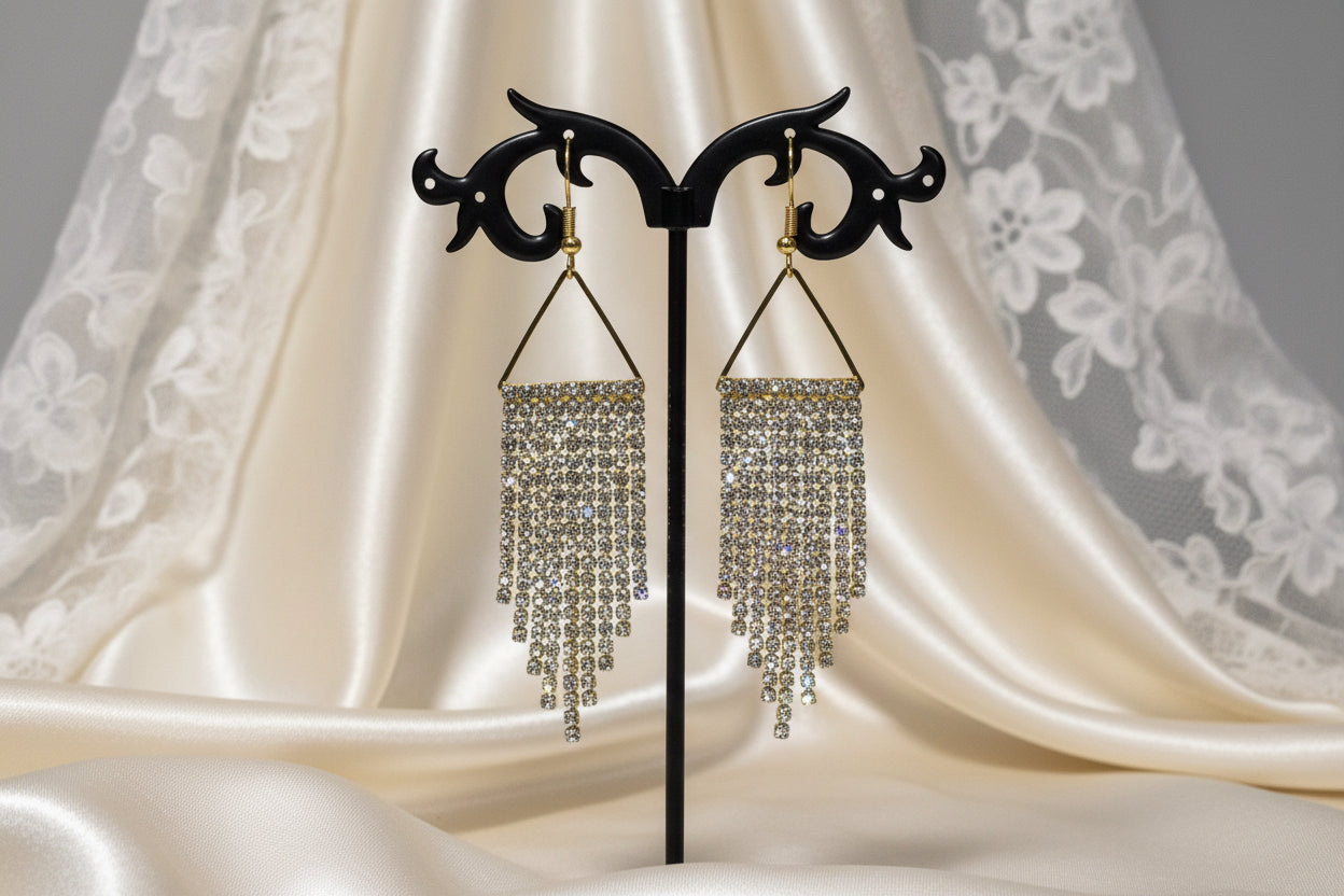 Aurora Borealis Crystal & Gold Cup Chain Fringe Earrings | 3 Inch AB Rhinestone Cascade | Handmade Statement Earrings