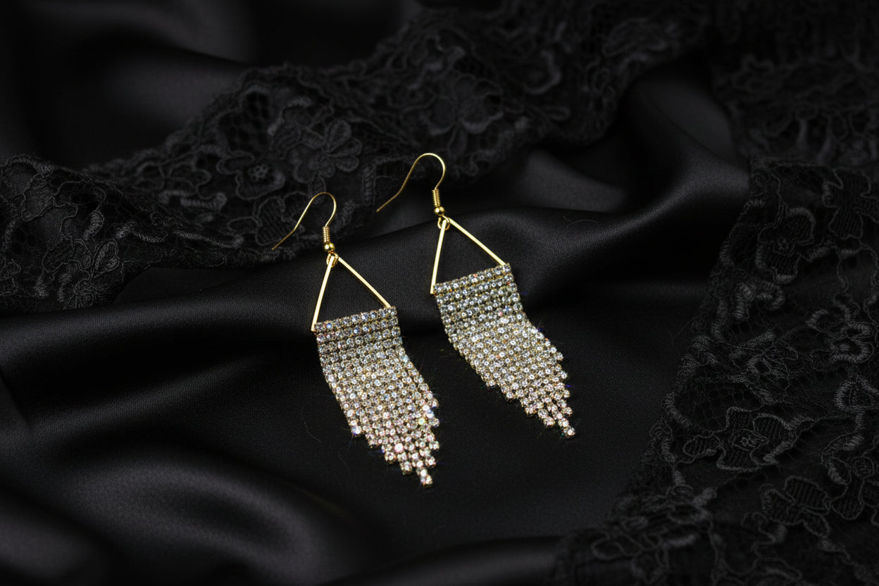 Aurora Borealis Crystal & Gold Cup Chain Fringe Earrings | 3 Inch AB Rhinestone Cascade | Handmade Statement Earrings