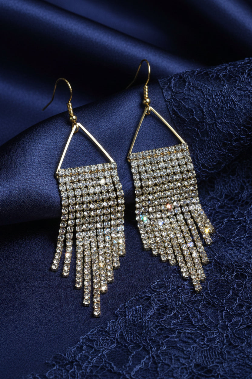 Aurora Borealis Crystal & Gold Cup Chain Fringe Earrings | 3 Inch AB Rhinestone Cascade | Handmade Statement Earrings