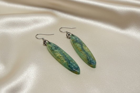Green & Gold Blended Marquise Resin Dangle Earrings – Handmade Nature-Inspired Long Earrings Gift for Her