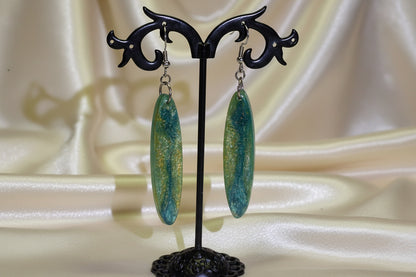 Green & Gold Blended Marquise Resin Dangle Earrings – Handmade Nature-Inspired Long Earrings Gift for Her