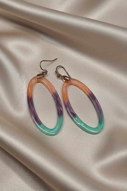 Pink Purple & Teal Gradient Open Oval Resin Hoop Earrings – Handmade Rose Gold Jewelry Gift for Her
