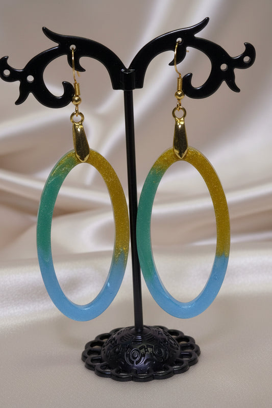 Gold Teal & Blue Gradient Open Oval Resin Hoop Earrings – Handmade Ocean-Inspired Jewelry Gift for Her