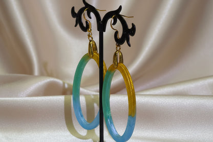 Gold Teal & Blue Gradient Open Oval Resin Hoop Earrings – Handmade Ocean-Inspired Jewelry Gift for Her