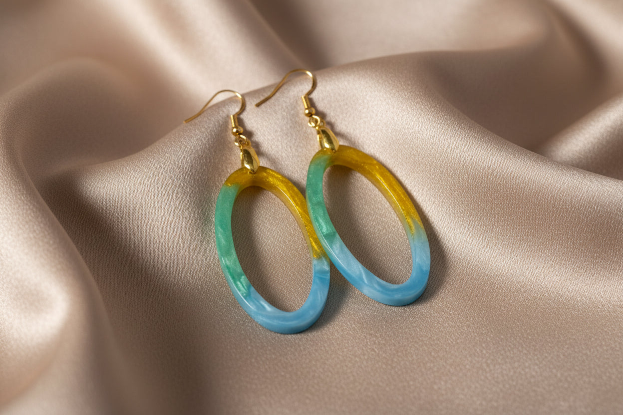 Gold Teal & Blue Gradient Open Oval Resin Hoop Earrings – Handmade Ocean-Inspired Jewelry Gift for Her
