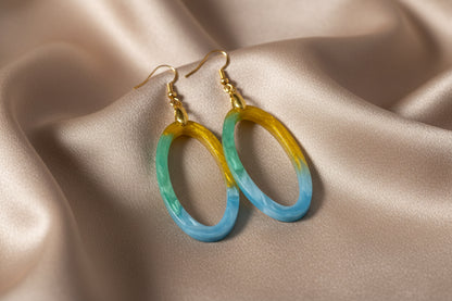 Gold Teal & Blue Gradient Open Oval Resin Hoop Earrings – Handmade Ocean-Inspired Jewelry Gift for Her