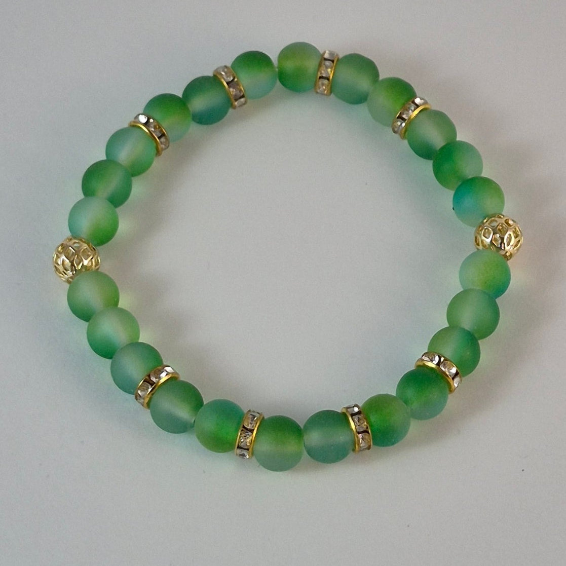 Green Glow in the Dark Glass Bead Stretch Bracelet – Handmade Gold Filigree Rhinestone Jewelry Gift for Her