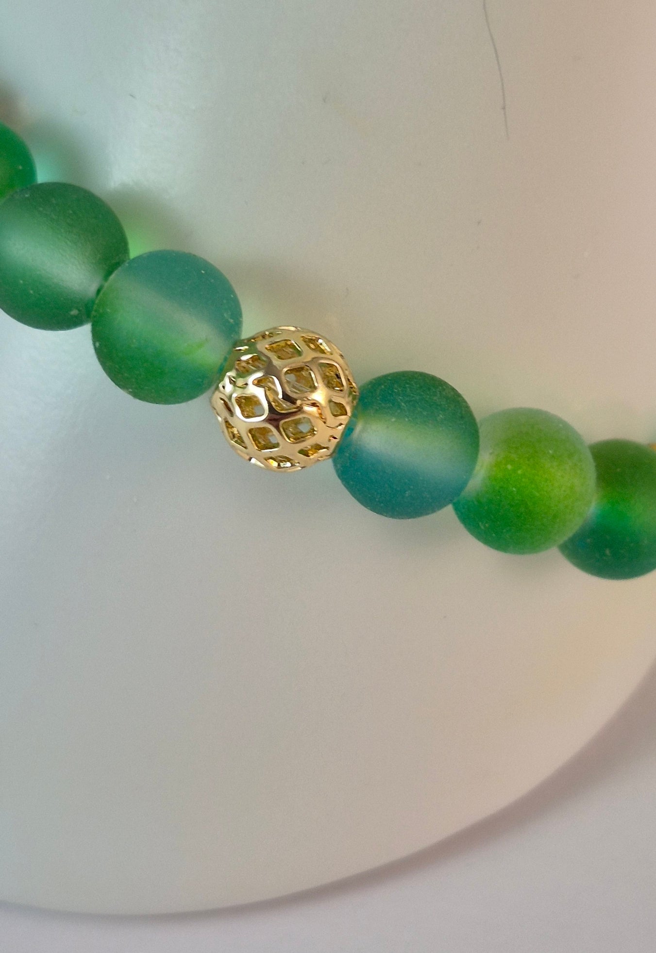 Green Glow in the Dark Glass Bead Stretch Bracelet – Handmade Gold Filigree Rhinestone Jewelry Gift for Her