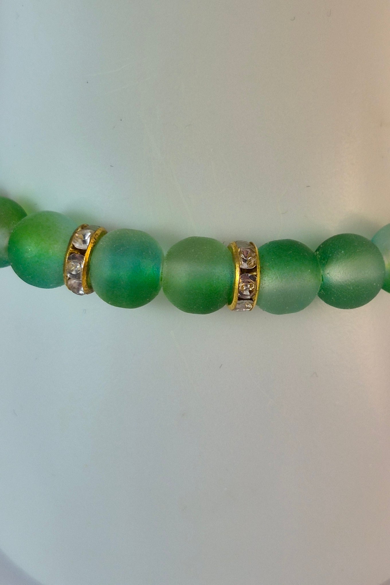 Green Glow in the Dark Glass Bead Stretch Bracelet – Handmade Gold Filigree Rhinestone Jewelry Gift for Her