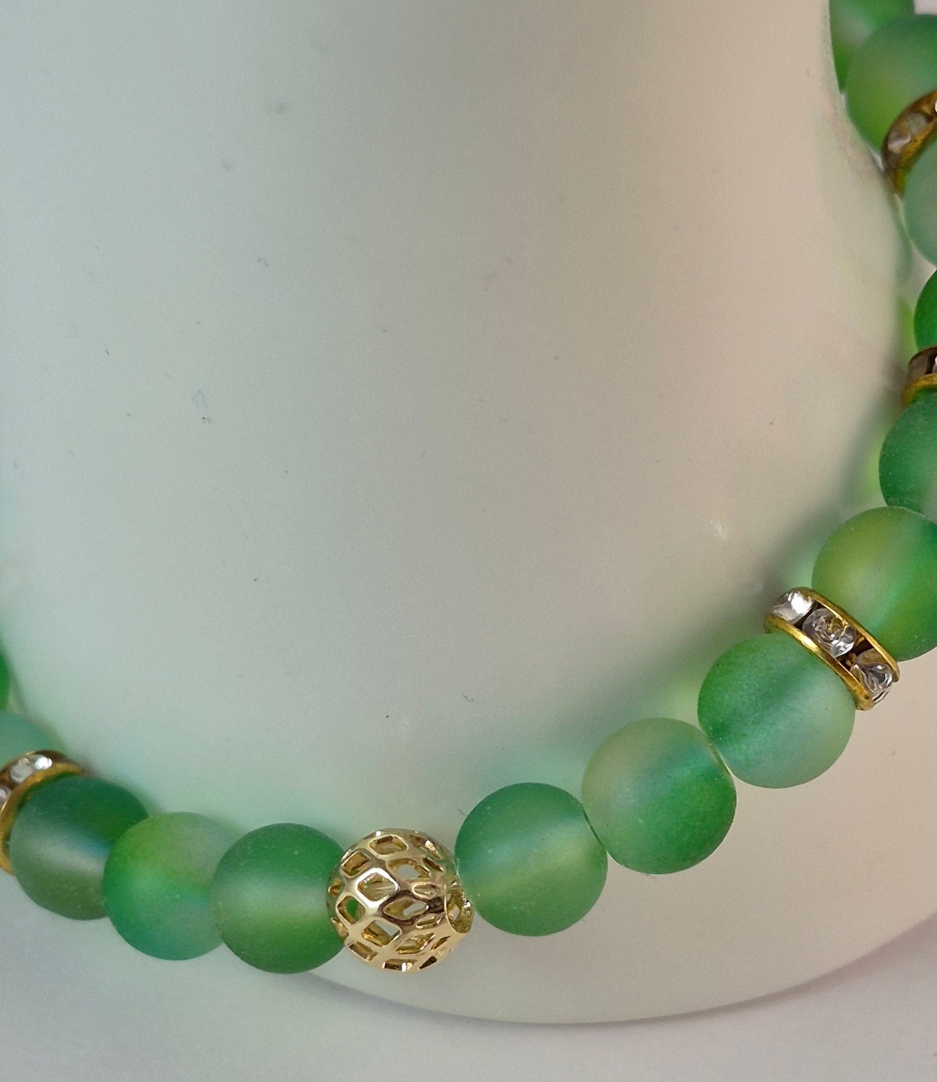Green Glow in the Dark Glass Bead Stretch Bracelet – Handmade Gold Filigree Rhinestone Jewelry Gift for Her