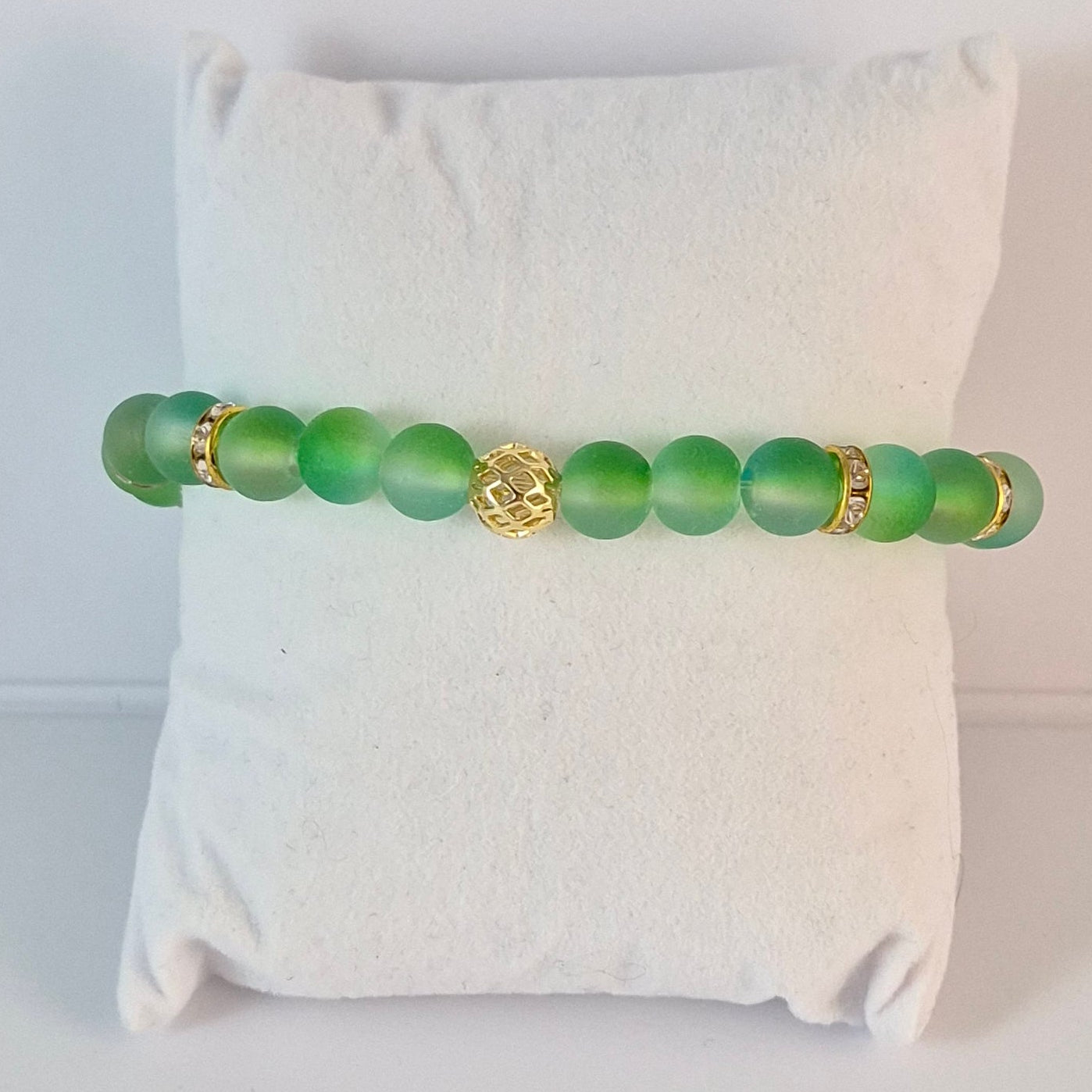 Green Glow in the Dark Glass Bead Stretch Bracelet – Handmade Gold Filigree Rhinestone Jewelry Gift for Her