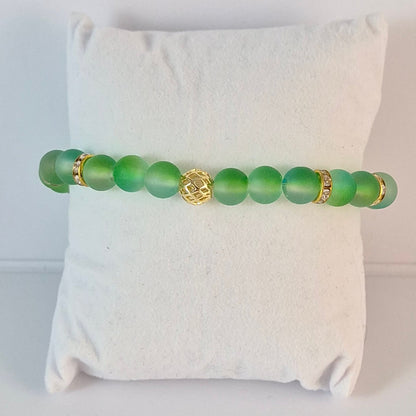 Green Glow in the Dark Glass Bead Stretch Bracelet – Handmade Gold Filigree Rhinestone Jewelry Gift for Her