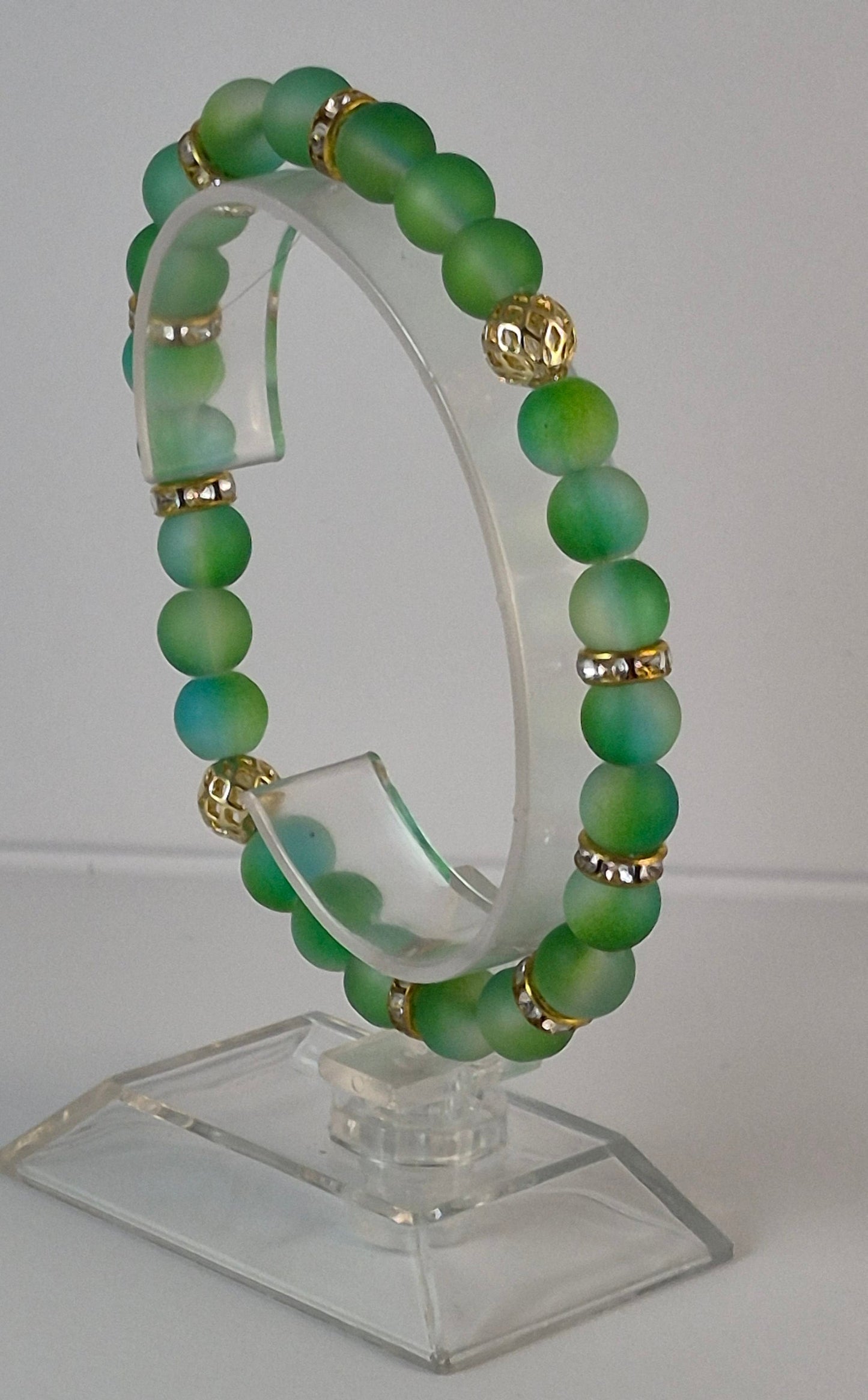 Green Glow in the Dark Glass Bead Stretch Bracelet – Handmade Gold Filigree Rhinestone Jewelry Gift for Her