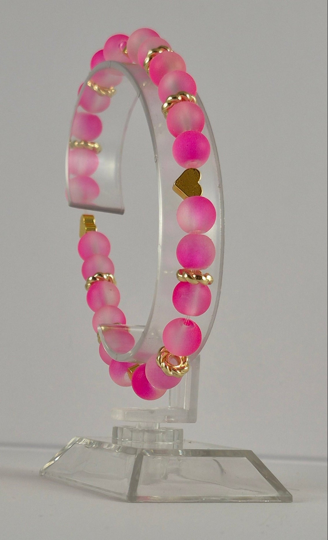 Pink Glow in the Dark Glass Bead Stretch Bracelet – Handmade Gold Heart Rhinestone Jewelry Gift for Her