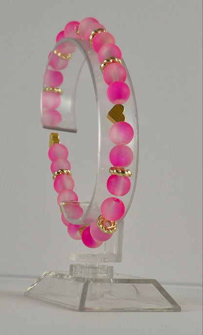 Pink Glow in the Dark Glass Bead Stretch Bracelet – Handmade Gold Heart Rhinestone Jewelry Gift for Her
