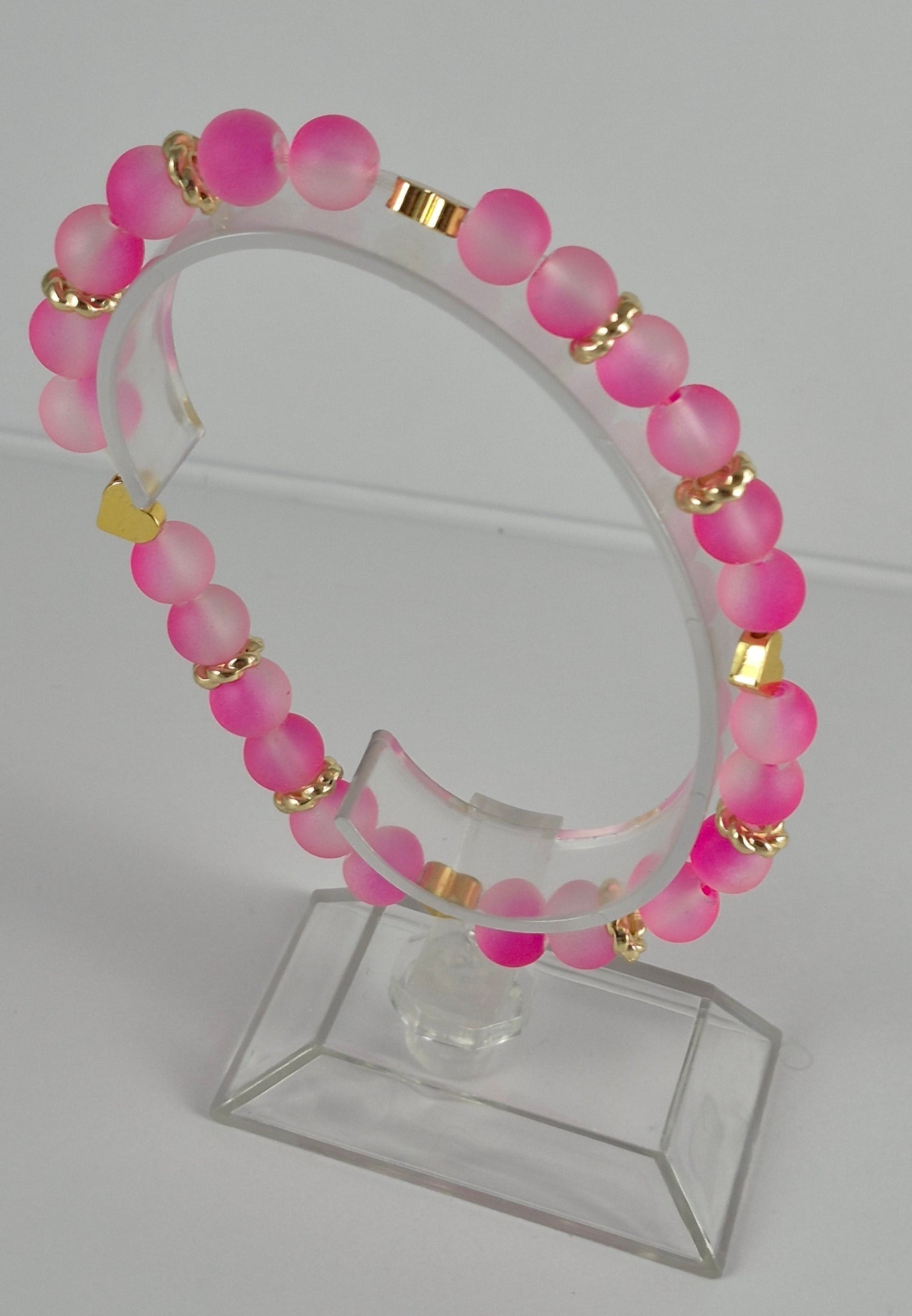 Pink Glow in the Dark Glass Bead Stretch Bracelet – Handmade Gold Heart Rhinestone Jewelry Gift for Her