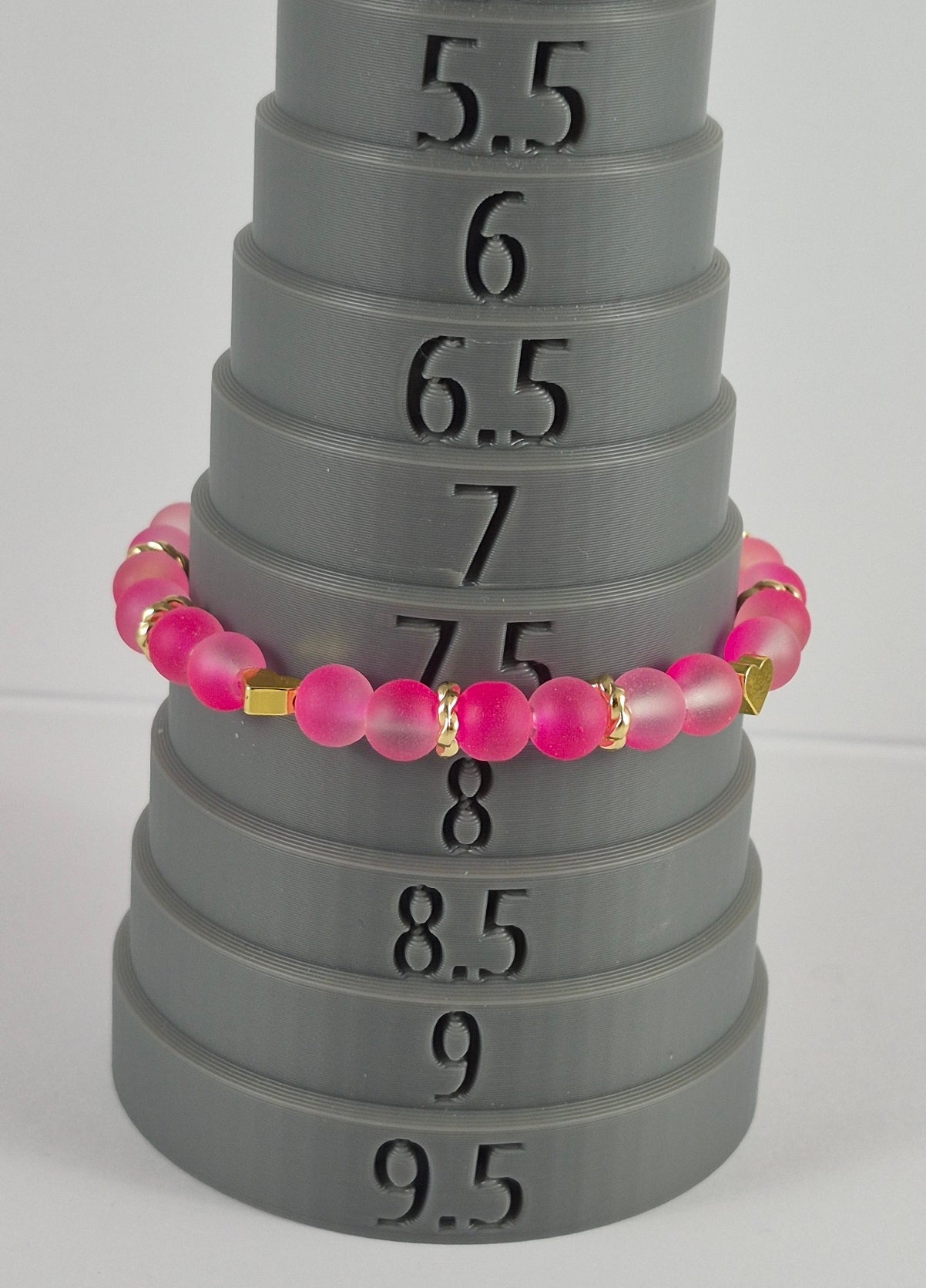 Pink Glow in the Dark Glass Bead Stretch Bracelet – Handmade Gold Heart Rhinestone Jewelry Gift for Her