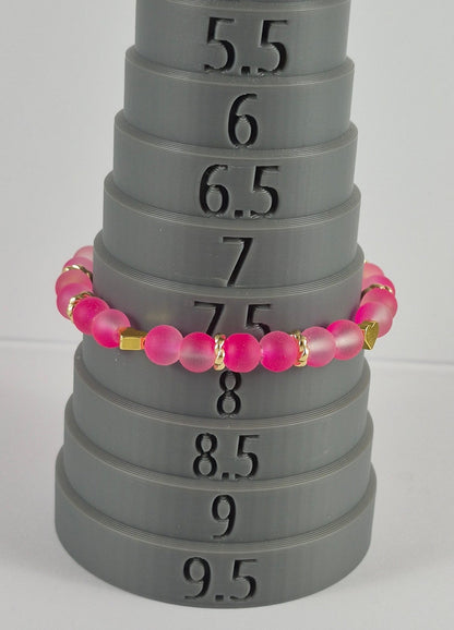 Pink Glow in the Dark Glass Bead Stretch Bracelet – Handmade Gold Heart Rhinestone Jewelry Gift for Her