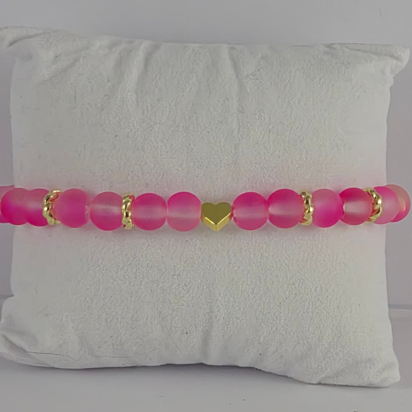 Pink Glow in the Dark Glass Bead Stretch Bracelet – Handmade Gold Heart Rhinestone Jewelry Gift for Her