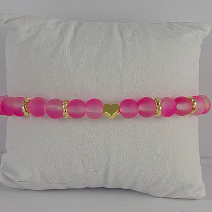 Pink Glow in the Dark Glass Bead Stretch Bracelet – Handmade Gold Heart Rhinestone Jewelry Gift for Her