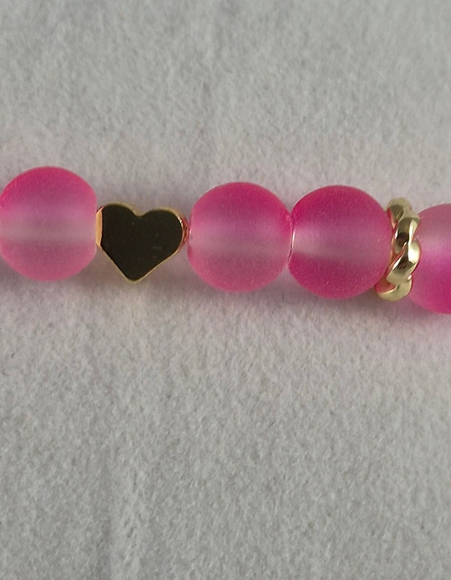 Pink Glow in the Dark Glass Bead Stretch Bracelet – Handmade Gold Heart Rhinestone Jewelry Gift for Her