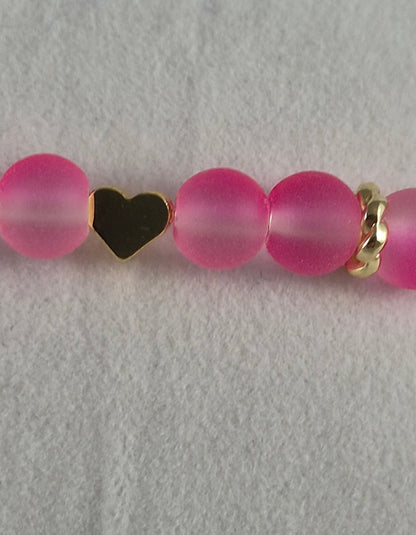 Pink Glow in the Dark Glass Bead Stretch Bracelet – Handmade Gold Heart Rhinestone Jewelry Gift for Her