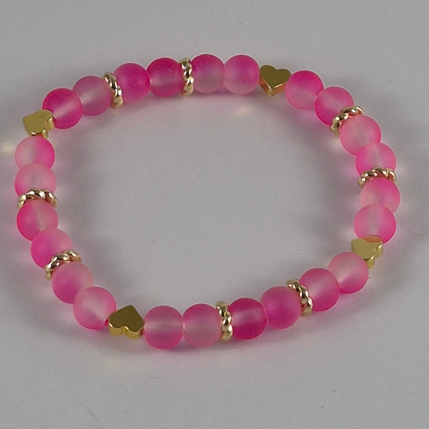 Pink Glow in the Dark Glass Bead Stretch Bracelet – Handmade Gold Heart Rhinestone Jewelry Gift for Her