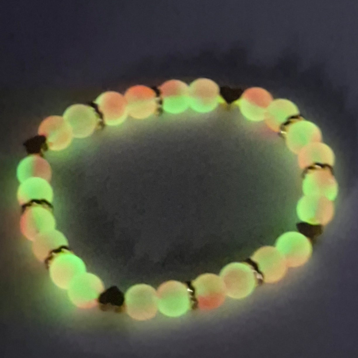 Pink Glow in the Dark Glass Bead Stretch Bracelet – Handmade Gold Heart Rhinestone Jewelry Gift for Her