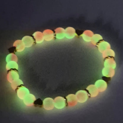 Pink Glow in the Dark Glass Bead Stretch Bracelet – Handmade Gold Heart Rhinestone Jewelry Gift for Her