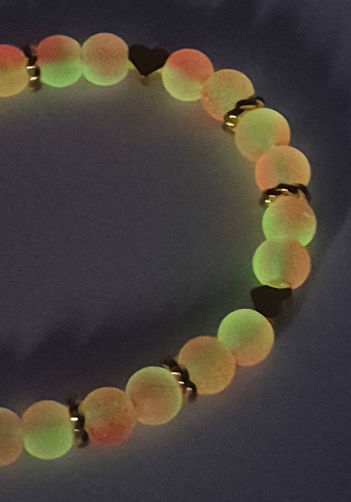 Pink Glow in the Dark Glass Bead Stretch Bracelet – Handmade Gold Heart Rhinestone Jewelry Gift for Her