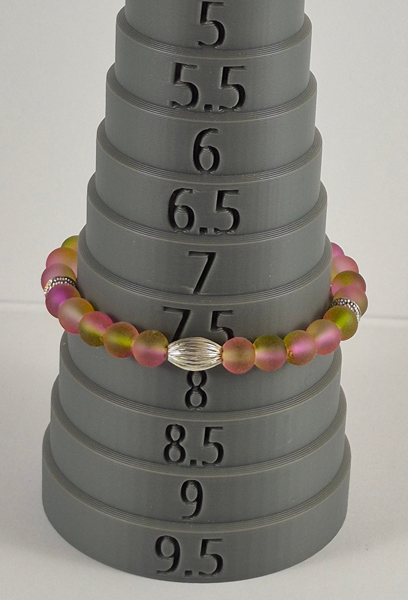 Pink & Yellow Green Glow in the Dark Glass Bead Stretch Bracelet – Handmade Silver Ribbed Jewelry Gift for Her