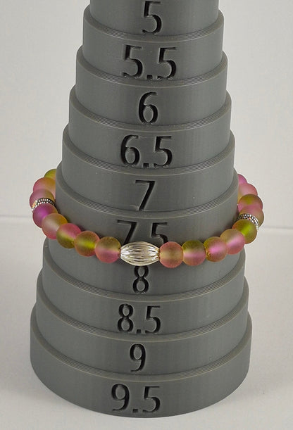 Pink & Yellow Green Glow in the Dark Glass Bead Stretch Bracelet – Handmade Silver Ribbed Jewelry Gift for Her