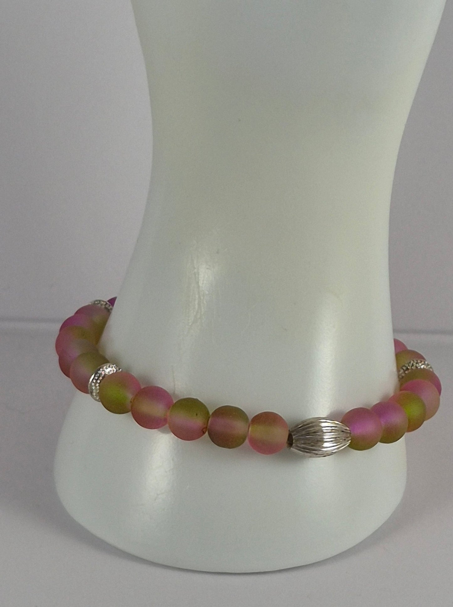 Pink & Yellow Green Glow in the Dark Glass Bead Stretch Bracelet – Handmade Silver Ribbed Jewelry Gift for Her
