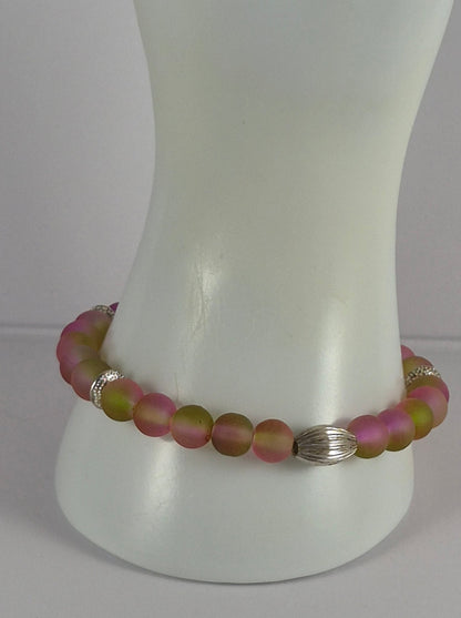 Pink & Yellow Green Glow in the Dark Glass Bead Stretch Bracelet – Handmade Silver Ribbed Jewelry Gift for Her