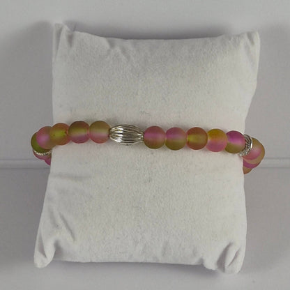 Pink & Yellow Green Glow in the Dark Glass Bead Stretch Bracelet – Handmade Silver Ribbed Jewelry Gift for Her