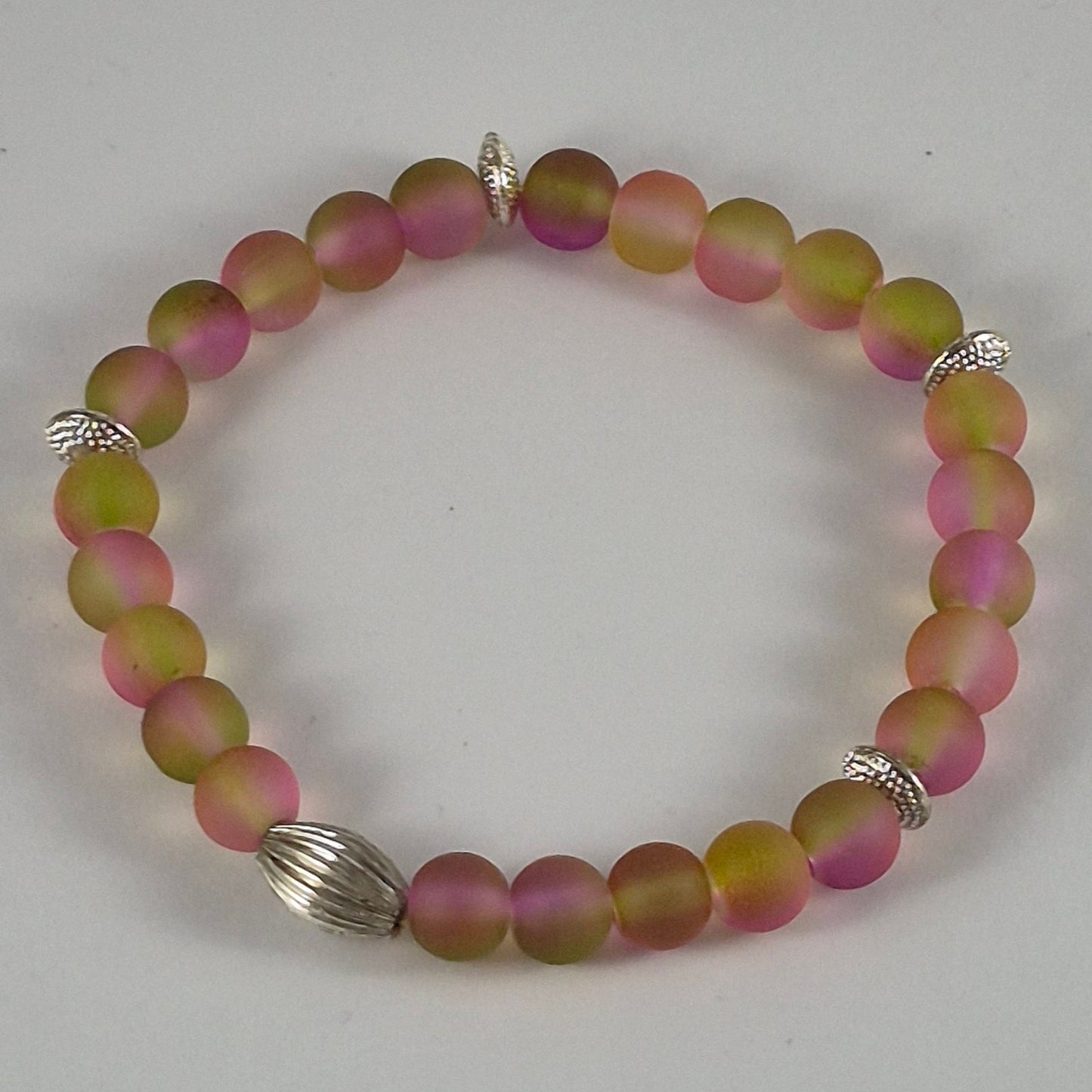 Pink & Yellow Green Glow in the Dark Glass Bead Stretch Bracelet – Handmade Silver Ribbed Jewelry Gift for Her