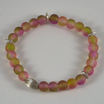 Pink & Yellow Green Glow in the Dark Glass Bead Stretch Bracelet – Handmade Silver Ribbed Jewelry Gift for Her