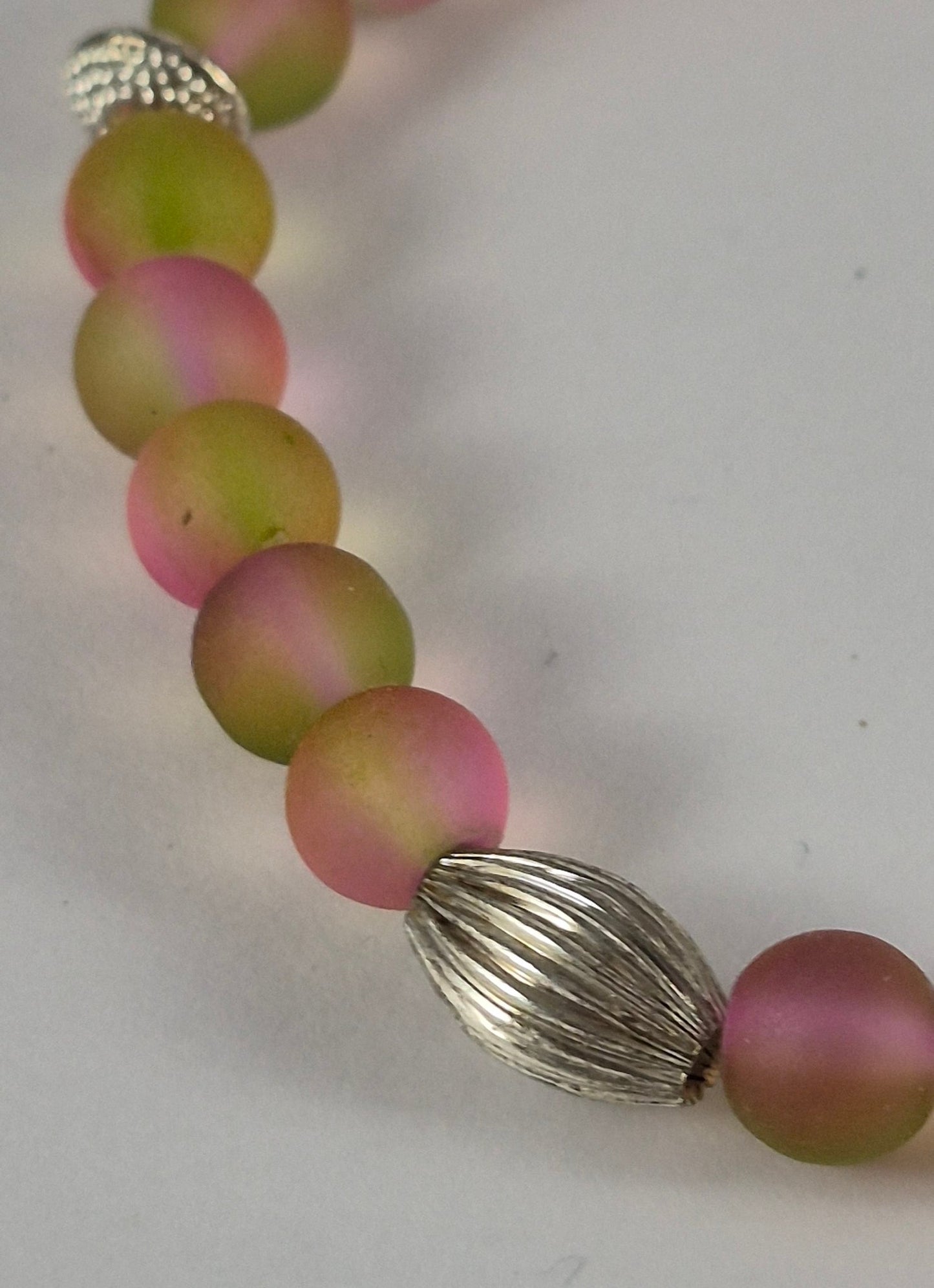 Pink & Yellow Green Glow in the Dark Glass Bead Stretch Bracelet – Handmade Silver Ribbed Jewelry Gift for Her