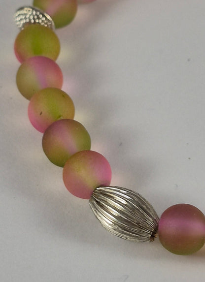 Pink & Yellow Green Glow in the Dark Glass Bead Stretch Bracelet – Handmade Silver Ribbed Jewelry Gift for Her