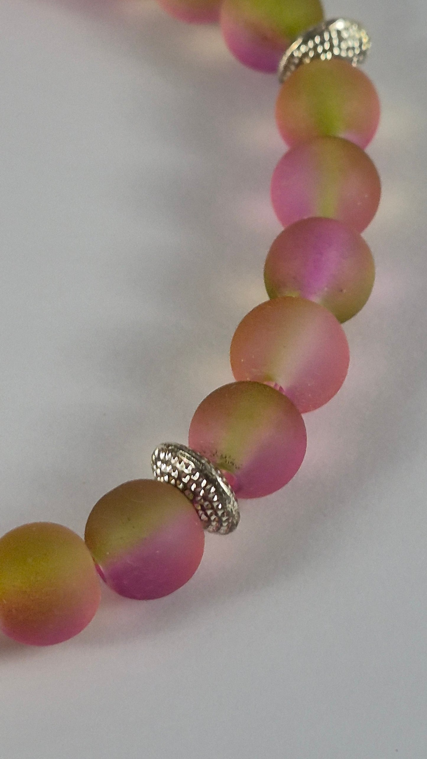 Pink & Yellow Green Glow in the Dark Glass Bead Stretch Bracelet – Handmade Silver Ribbed Jewelry Gift for Her