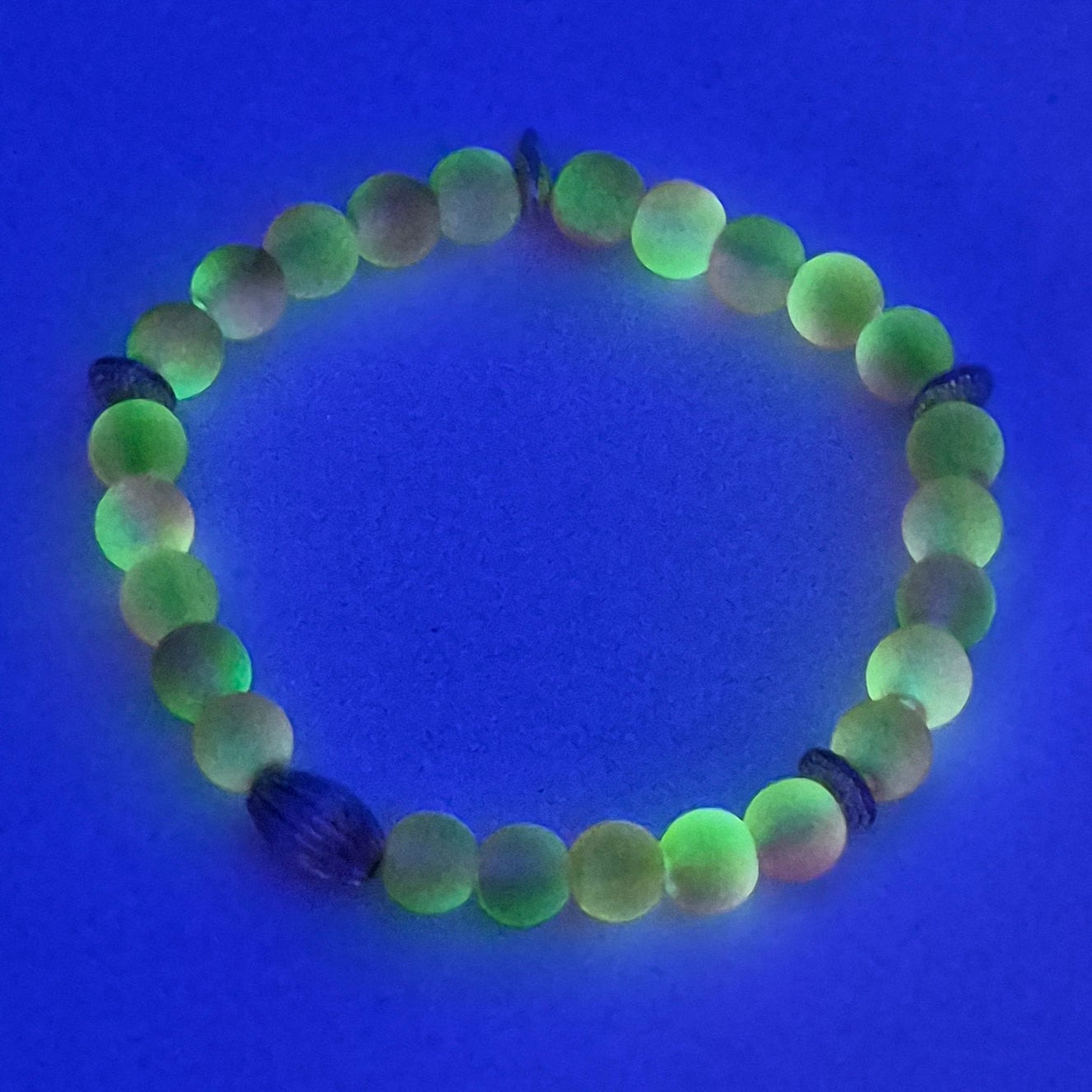 Pink & Yellow Green Glow in the Dark Glass Bead Stretch Bracelet – Handmade Silver Ribbed Jewelry Gift for Her