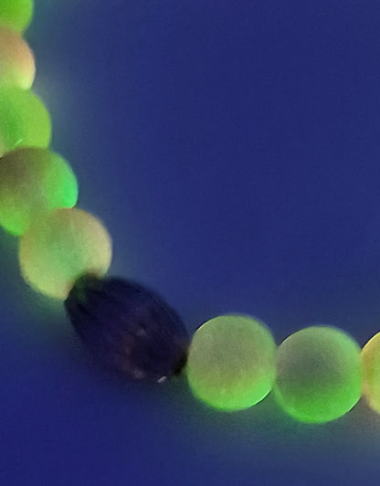 Pink & Yellow Green Glow in the Dark Glass Bead Stretch Bracelet – Handmade Silver Ribbed Jewelry Gift for Her
