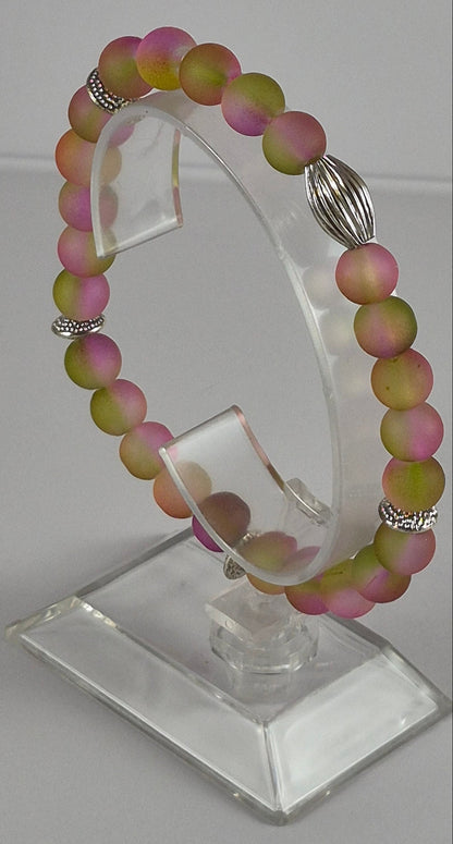 Pink & Yellow Green Glow in the Dark Glass Bead Stretch Bracelet – Handmade Silver Ribbed Jewelry Gift for Her